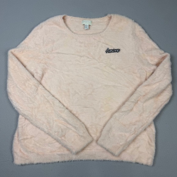Forever 21 Sweaters - Forever‎ 21 Women's 3X Pink Fuzzy Faux Fur Eyelash Knit Sweater Amore Embroidery